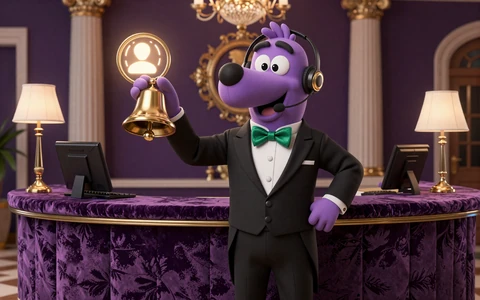 Irwin Maskott als Concierge mit Headset und goldener Klingel im Empfangsbereich